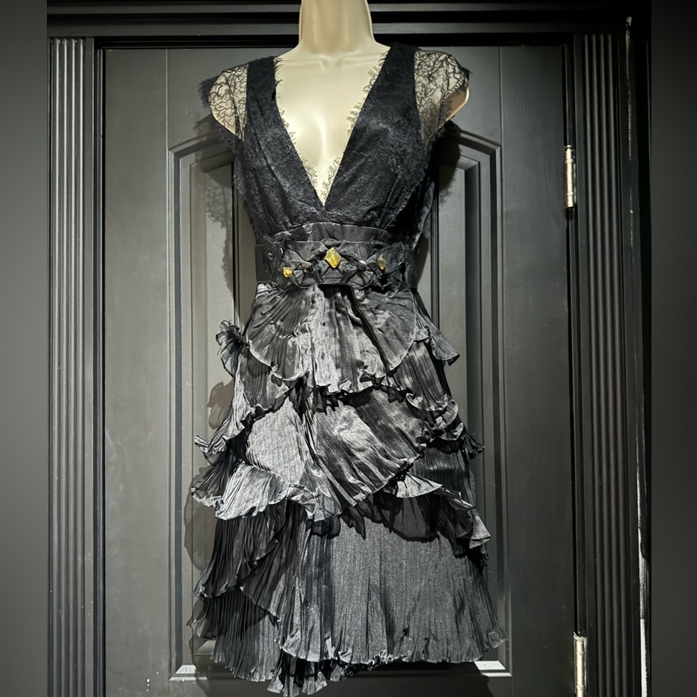 NWT BCBGMaxAzaria black crepe satin & lace prom dress